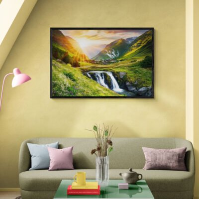 Sunlit Mountain Valley with Waterfall | Serene Nature Landscape Wall Art