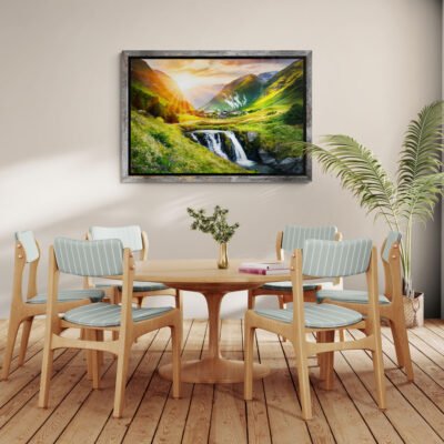 Sunlit Mountain Valley with Waterfall | Serene Nature Landscape Wall Art