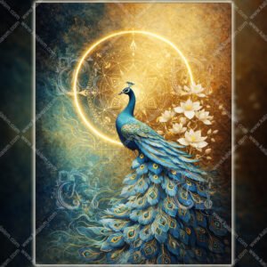 Blue and gold peacock wall art with radiant mandala halo for Vastu north direction wealth energy