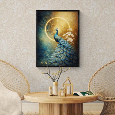 Framed blue and gold peacock vastu wall art displayed above modern wooden console table