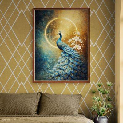 Blue peacock vastu wealth wall art with gold geometric wallpaper background