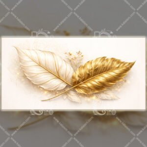 White and Gold Botanical Wall Art – Elegant Minimal Leaf Print with Soft Mandala Background 01 White and gold botanical wall art featuring two elegant metallic leaves with soft mandala background