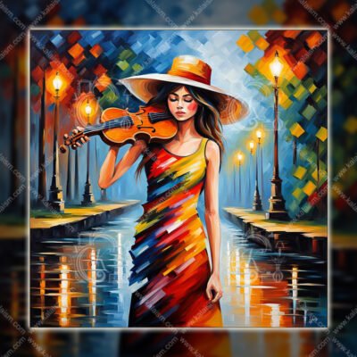 Colorful impressionist painting of woman playing violin at night under glowing street lights by a reflective canal.