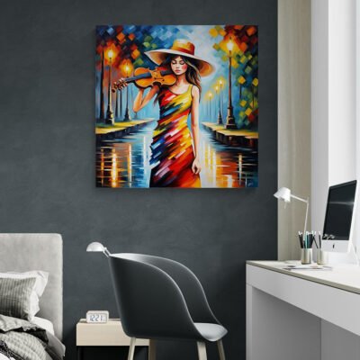 Colorful violin player impressionist painting wall art displayed above modern workspace interior.