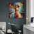 Colorful violin player impressionist painting wall art displayed above modern workspace interior.