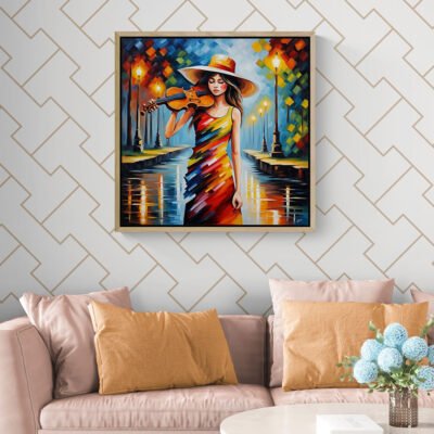 Colorful violin impressionist wall art displayed above modern sofa interior decor.