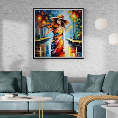Woman playing violin impressionist painting framed above teal sofa in contemporary interior.