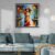 Woman playing violin impressionist painting framed above teal sofa in contemporary interior.
