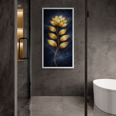 Luxury Golden Lotus Flower Wall Art Elegant Botanical Golden Flower 03 Luxury golden lotus wall art framed in bathroom interior