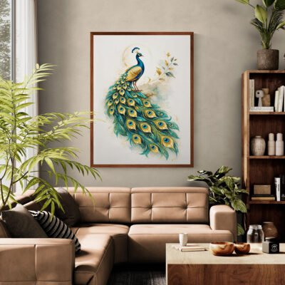 Teal and gold peacock wall art above beige sofa in modern home decor