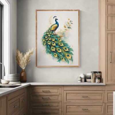 Minimal golden peacock wall art framed in wooden frame in modern kitchen
