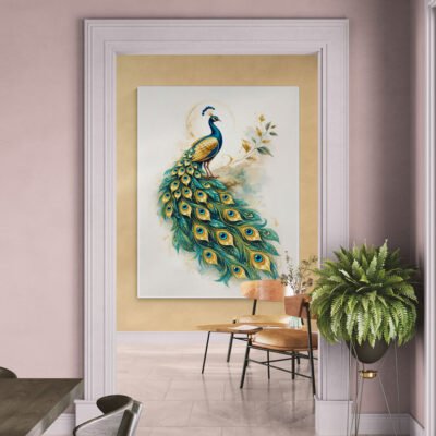 Golden peacock modern wall art in elegant entryway with decorative plants
