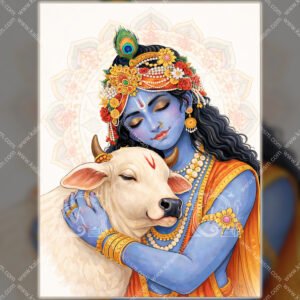 Minimal Krishna with Cow Wall Art - Soft Mandala Spiritual Canvas Print 01 Minimal Krishna with Cow wall art featuring soft mandala background and saffron drapery