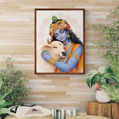 Minimal Krishna with Cow Wall Art - Soft Mandala Spiritual Canvas Print 02 Krishna with Cow canvas print displayed in modern wooden living room interior