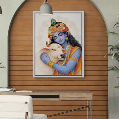 Minimal Krishna with Cow Wall Art - Soft Mandala Spiritual Canvas Print 03 Minimal Krishna wall art framed on wooden panel wall with arch decor