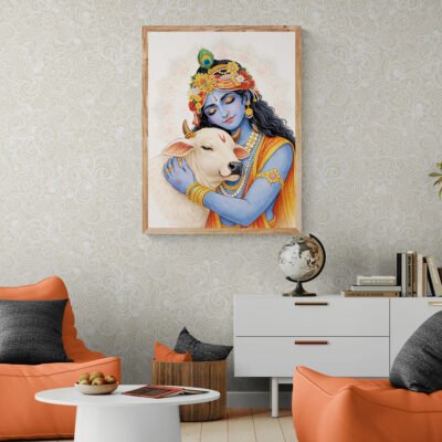 Minimal Krishna with Cow Wall Art - Soft Mandala Spiritual Canvas Print 04 Krishna and Cow spiritual wall art in soft patterned living room
