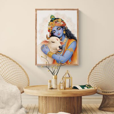 Minimal Krishna with Cow Wall Art - Soft Mandala Spiritual Canvas Print 05 Minimal Krishna with Cow canvas print in neutral beige meditation room