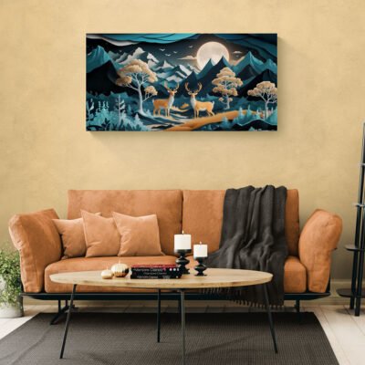 Moonlit Forest Harmony Deer in Mountain Night Landscape Wall Art 04 Moonlit forest deer panoramic wall art above modern sofa contemporary decor