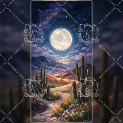 Mystical desert moonlight wall art featuring full moon over cactus landscape