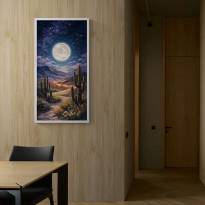 Full moon desert canvas print displayed in minimalist wooden interior