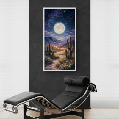 Mystical moon desert artwork displayed on dark wall