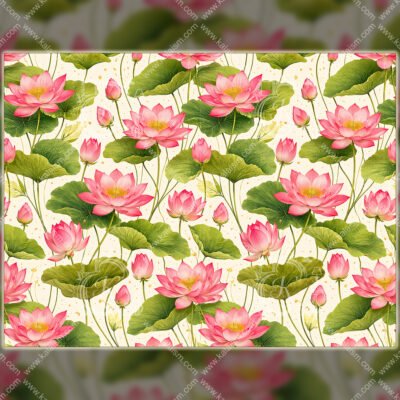 Pichwai Lotus Floral Pattern Wall Art - Elegant Pink Lotus And Petals Design for Home Decor 01 Pichwai lotus floral pattern wall art with pink lotus flowers and green leaves on ivory background