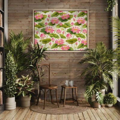 Pichwai Lotus Floral Pattern Wall Art - Elegant Pink Lotus And Petals Design for Home Decor 02 Pichwai lotus floral pattern wall art framed on wooden wall with indoor plants