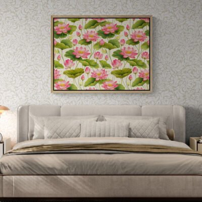 Pichwai Lotus Floral Pattern Wall Art - Elegant Pink Lotus And Petals Design for Home Decor 03 Elegant pink lotus Pichwai floral wall art above bed in modern bedroom