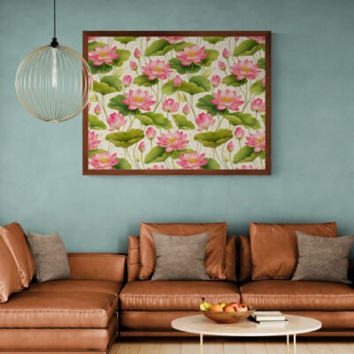 Pichwai Lotus Floral Pattern Wall Art - Elegant Pink Lotus And Petals Design for Home Decor 04 Pichwai lotus floral pattern wall art in wooden frame on teal wall
