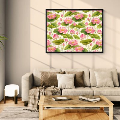 Pichwai Lotus Floral Pattern Wall Art - Elegant Pink Lotus And Petals Design for Home Decor 05 Pink lotus Pichwai floral wall art framed above beige sofa