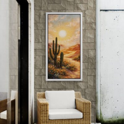Desert sunrise canvas print displayed on textured stone wall