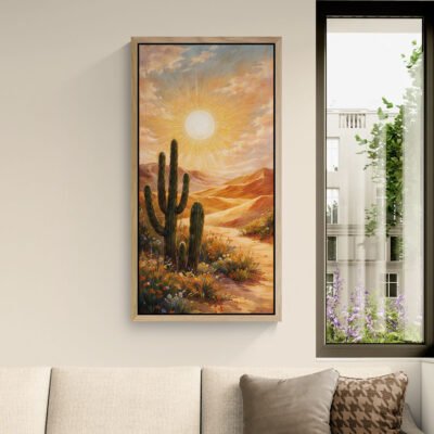 Radiant Desert Sunrise Wall Art | Golden Sun Over Cactus Landscape Canvas Print