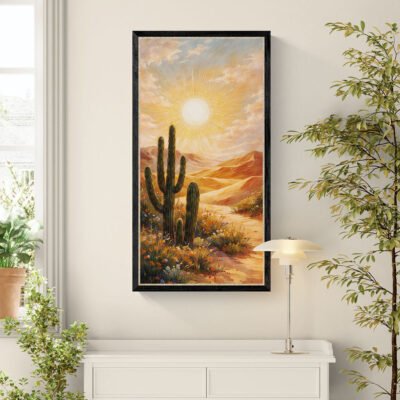 Radiant Desert Sunrise Wall Art | Golden Sun Over Cactus Landscape Canvas Print