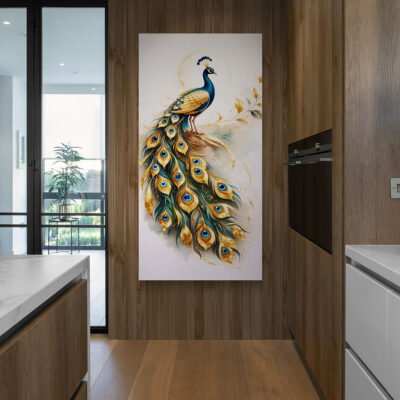 Royal golden peacock wall art displayed on wooden accent wall in modern interior
