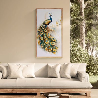 Royal golden peacock framed wall art above neutral sofa in modern home