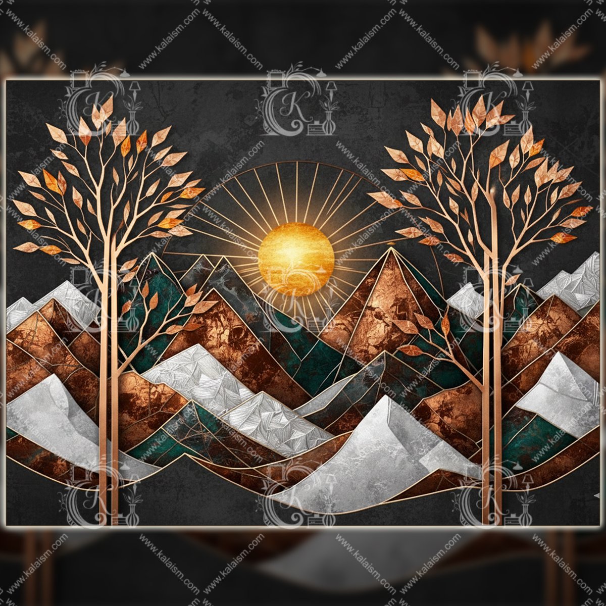 Abstract Autumn Mountain Wall Art | Copper and Charcoal Metallic