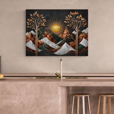 Abstract Autumn Mountain Wall Art | Copper and Charcoal Metallic Landscape