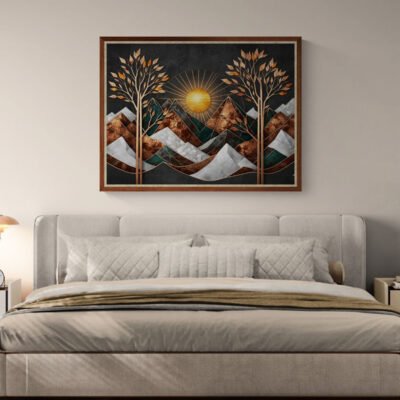 Abstract Autumn Mountain Wall Art | Copper and Charcoal Metallic Landscape