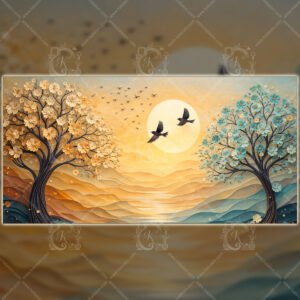 WE Golden Moonrise Landscape Wall Art – Elegant Abstract Nature Scene with Blossoms & Birds 01 Golden Sunrise Landscape Wall Art | Elegant Abstract Nature Scene with Blossoms & Birds