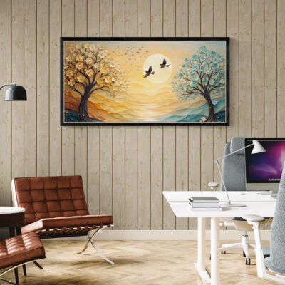 WE Golden Moonrise Landscape Wall Art – Elegant Abstract Nature Scene with Blossoms & Birds 03 Golden Sunrise Landscape Wall Art | Elegant Abstract Nature Scene with Blossoms & Birds