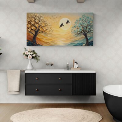 WE Golden Moonrise Landscape Wall Art – Elegant Abstract Nature Scene with Blossoms & Birds 04 Golden Sunrise Landscape Wall Art | Elegant Abstract Nature Scene with Blossoms & Birds