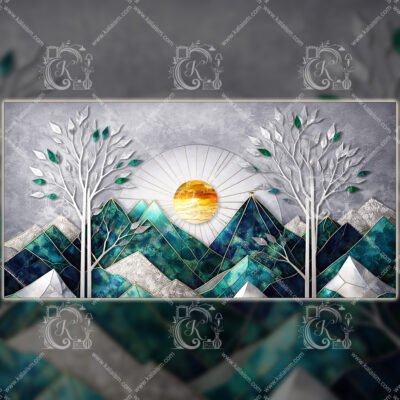 WE Luxury Abstract Mountain Wall Art – Emerald and Silver Geometric Landscape 01 Luxury Abstract Mountain Wall Art | Emerald and Silver Geometric Landscape