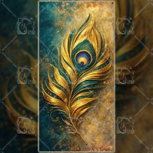 Minimal Golden Peacock Feather Wall Art – Luxury Teal Gold Abstract Canvas Minimal golden peacock feather wall art in teal and gold with metallic texture, vertical luxury abstract designer canvas artwork