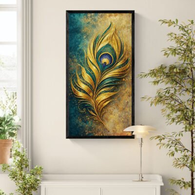 Luxury teal and gold peacock feather wall art in black frame displayed in bright modern living room interior