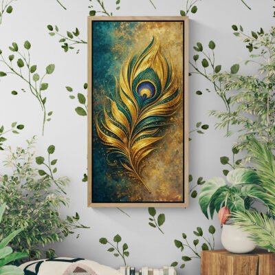 Minimal golden peacock feather wall art in wooden frame styled against botanical wallpaper background
