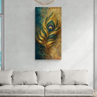 Vertical teal and gold peacock feather canvas artwork displayed above neutral sofa in minimalist living room