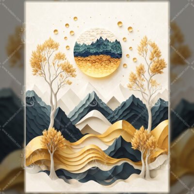 Modern Papercut Landscape Art | Gold and Navy Abstract Mountains