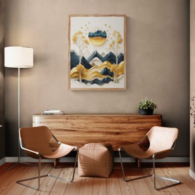 Modern Papercut Landscape Art | Gold and Navy Abstract Mountains