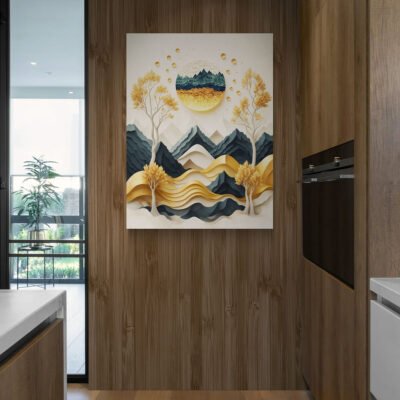 Modern Papercut Landscape Art | Gold and Navy Abstract Mountains