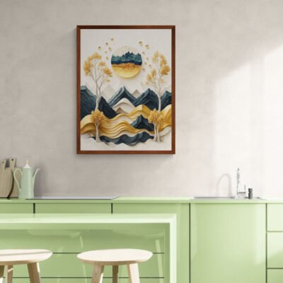 Modern Papercut Landscape Art | Gold and Navy Abstract Mountains